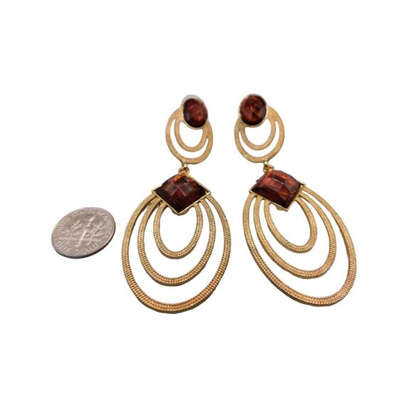 Modern Pierced Dangle Earrings Brown Beads Women Fashion Textured Gold Tone - Picture 7 of 10